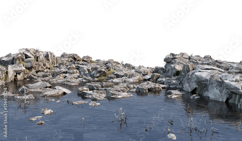 A canal with stones on a white background.