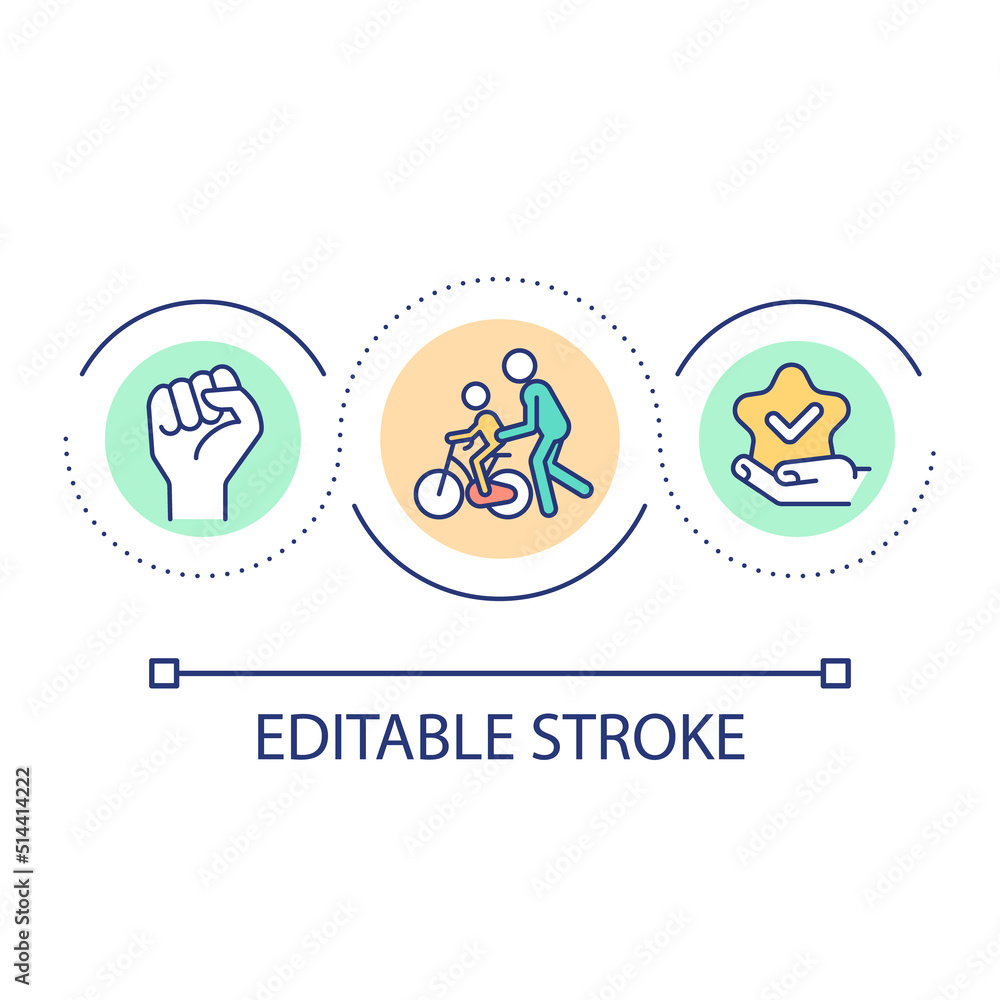 Effective parenting loop concept icon. Teaching child to ride bike abstract idea thin line illustration. Cognitive development. Isolated outline drawing. Editable stroke. Arial font used