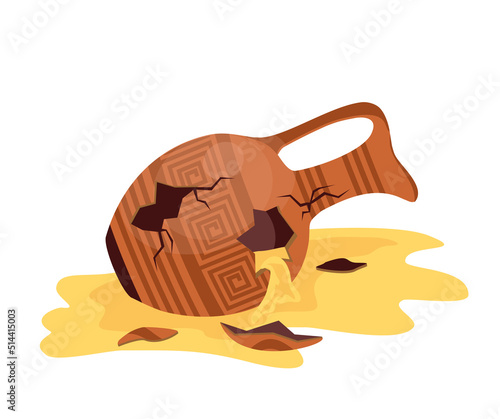 Broken Ancient Vase. Old greek jar vector. Cartoon clay pottery pot icon. Cracked greek pitcher. Excavations. Museum ceramic. Urn or vase isolated. Artifact vector. Old broken vase on deep bottom.
