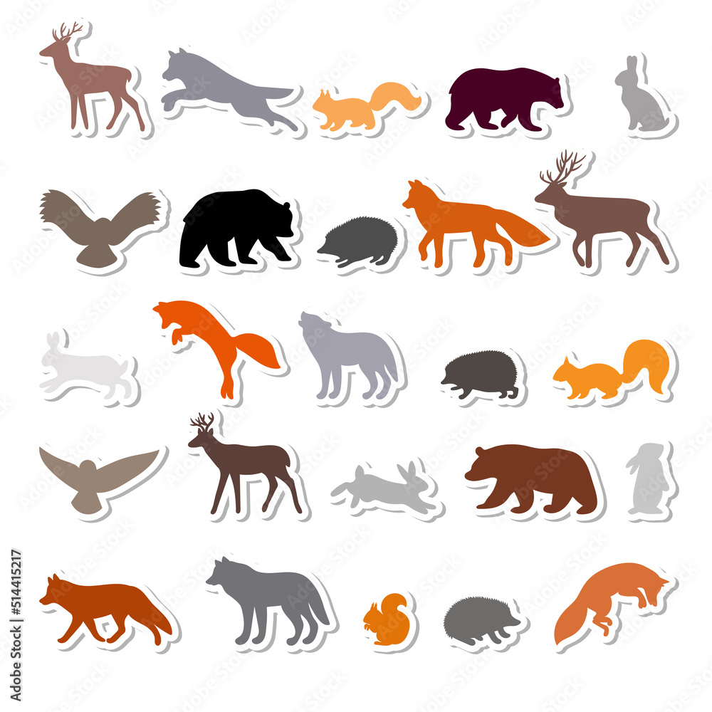 Forest animals. Silhouettes, stickers. Outline of wild forest animals. Bear, deer, wolf, fox, owl, hedgehog, squirrel, hare Forest animals. Silhouettes, stickers. Outline of wild forest animals. Bear, deer, wolf, fox, owl, hedgehog, squirrel, hare