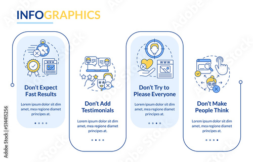 Make website donts rectangle infographic template. Dont make people think. Data visualization with 4 steps. Editable timeline info chart. Workflow layout with line icons. Lato-Bold, Regular fonts used