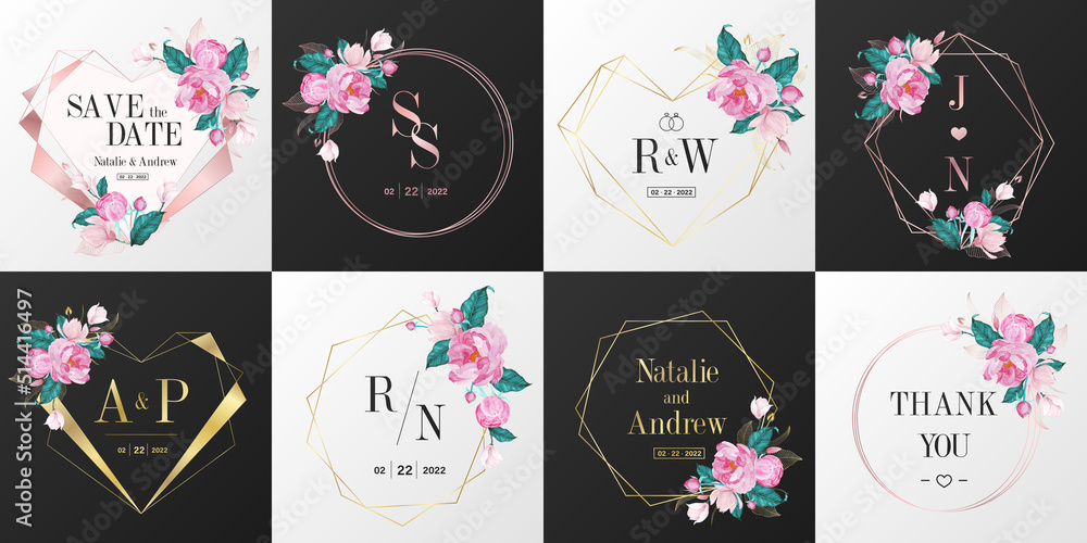 Wedding monogram logo collection. Watercolor floral frame for ...