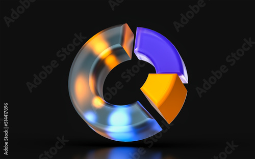 glass morphism pie chart icon with colorful gradient light on dark background 3d render concept
