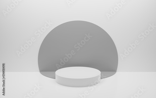 Abstract minimal empty podium with circle details on the wall. Empty room concept with half semi circle on natural lighting. Rendering 3d shape, product display presentation. Futuristic wall scene.