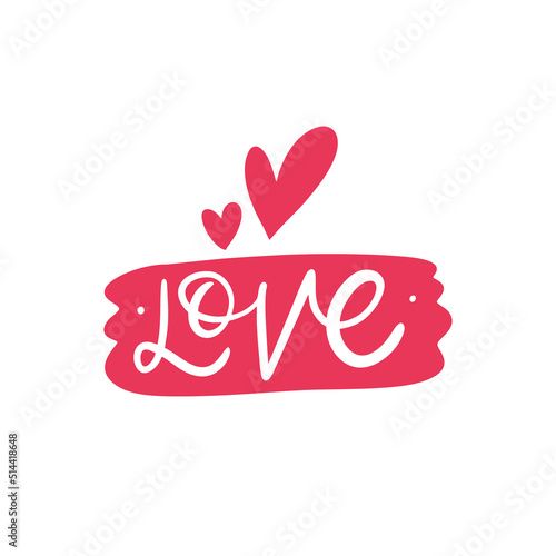 Love word pink color sign and hearts. Hand drawn vector illustration.