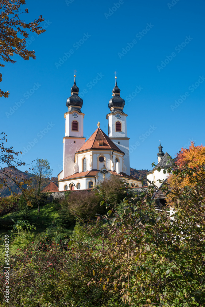 idyllic baroque church, named Darstellung des Herrn, tourist resort Aschau, upper bavaria in autumn