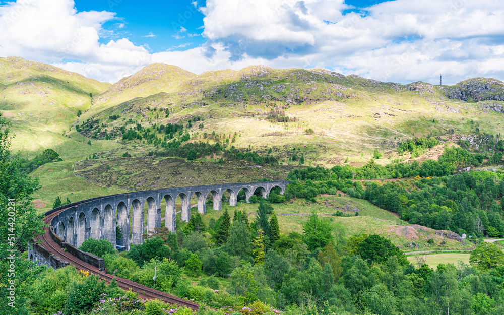 Panorama over Glenfinnan Viaduct, West Highland Line in Glenfinnan, Inverness-shire, Scotland, UK