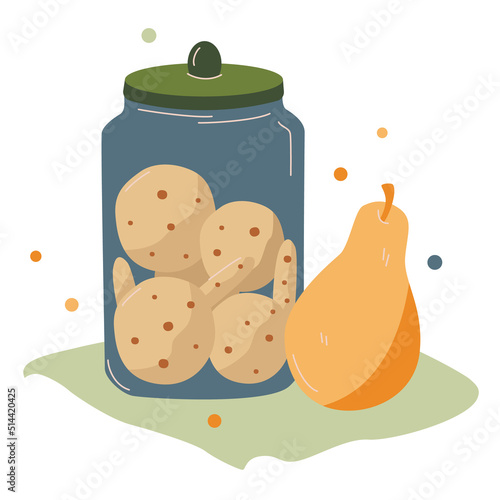 Vector hand drawn illustration cookie jar and pear Dessert for tea
