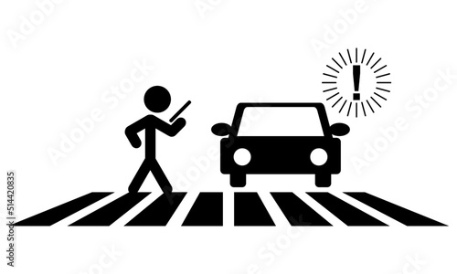 People use smartphone walking on crosswalk careless traffic car black icon flat vector design.
