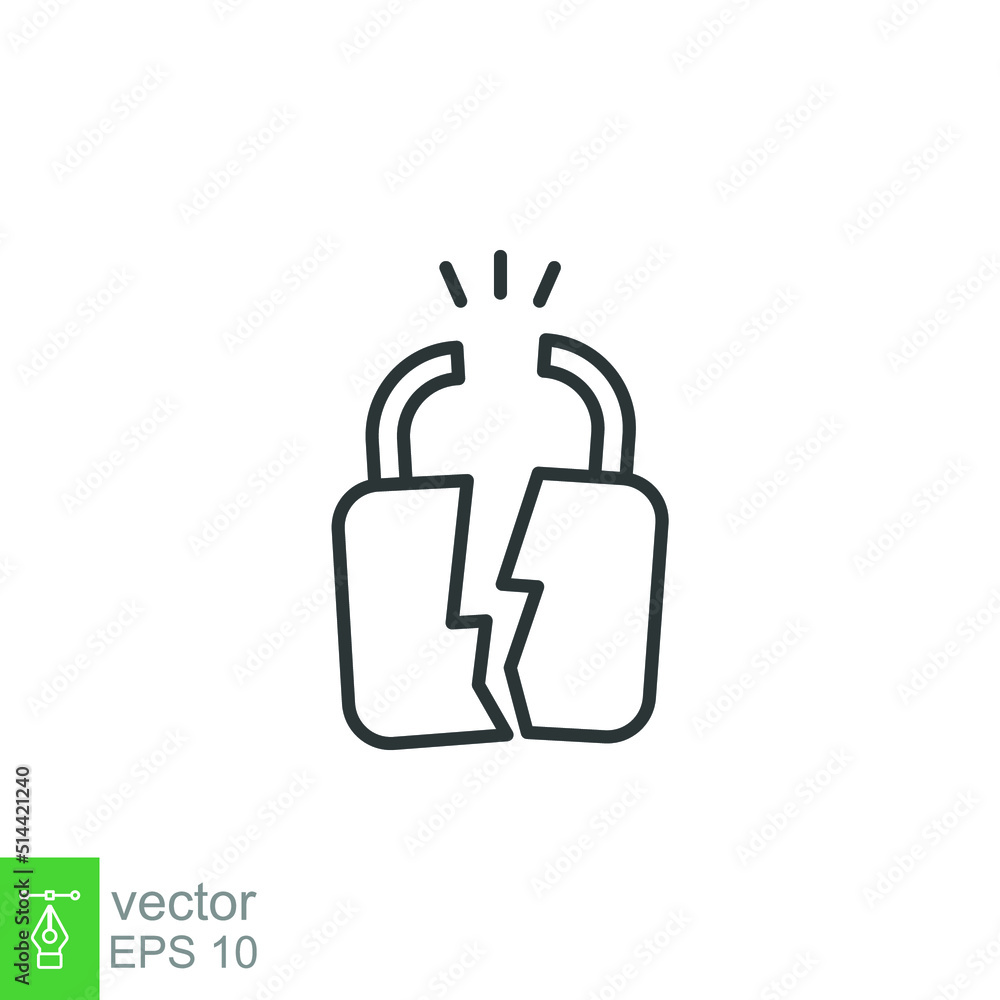 Broken lock line icon. Simple outline style. Unlock, crack, padlock, break, free, chain, code, security, fail, technology concept. Vector design illustration isolated on white background. EPS 10 Broken lock line icon. Simple outline style. Unlock, crack, padlock, break, free, chain, code, security, fail, technology concept. Vector design illustration isolated on white background. EPS 10