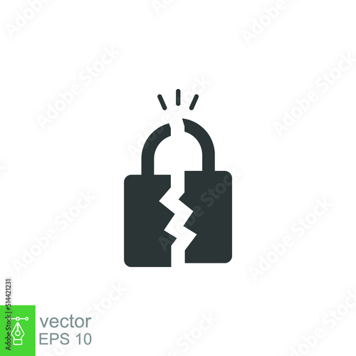 Broken lock glyph icon. Simple solid style. Unlock, crack, padlock, break, free, chain, code, security, fail, technology concept. Vector design illustration isolated on white background. EPS 10