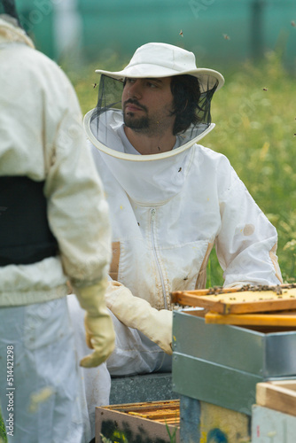 beekeepers resting in a field with flowers and bees. © Antonio