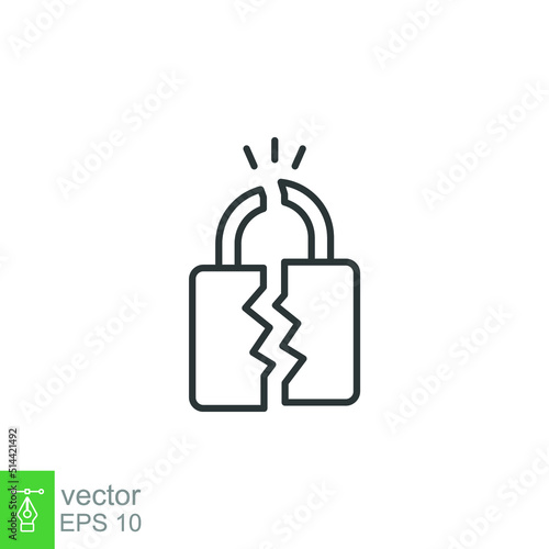 Broken lock line icon. Simple outline style. Unlock, crack, padlock, break, free, chain, code, security, fail, technology concept. Vector design illustration isolated on white background. EPS 10
