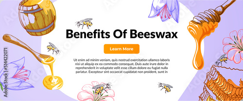 Beeswax benefits landing page engraved vector illustration. Natural healthy bee ingredient