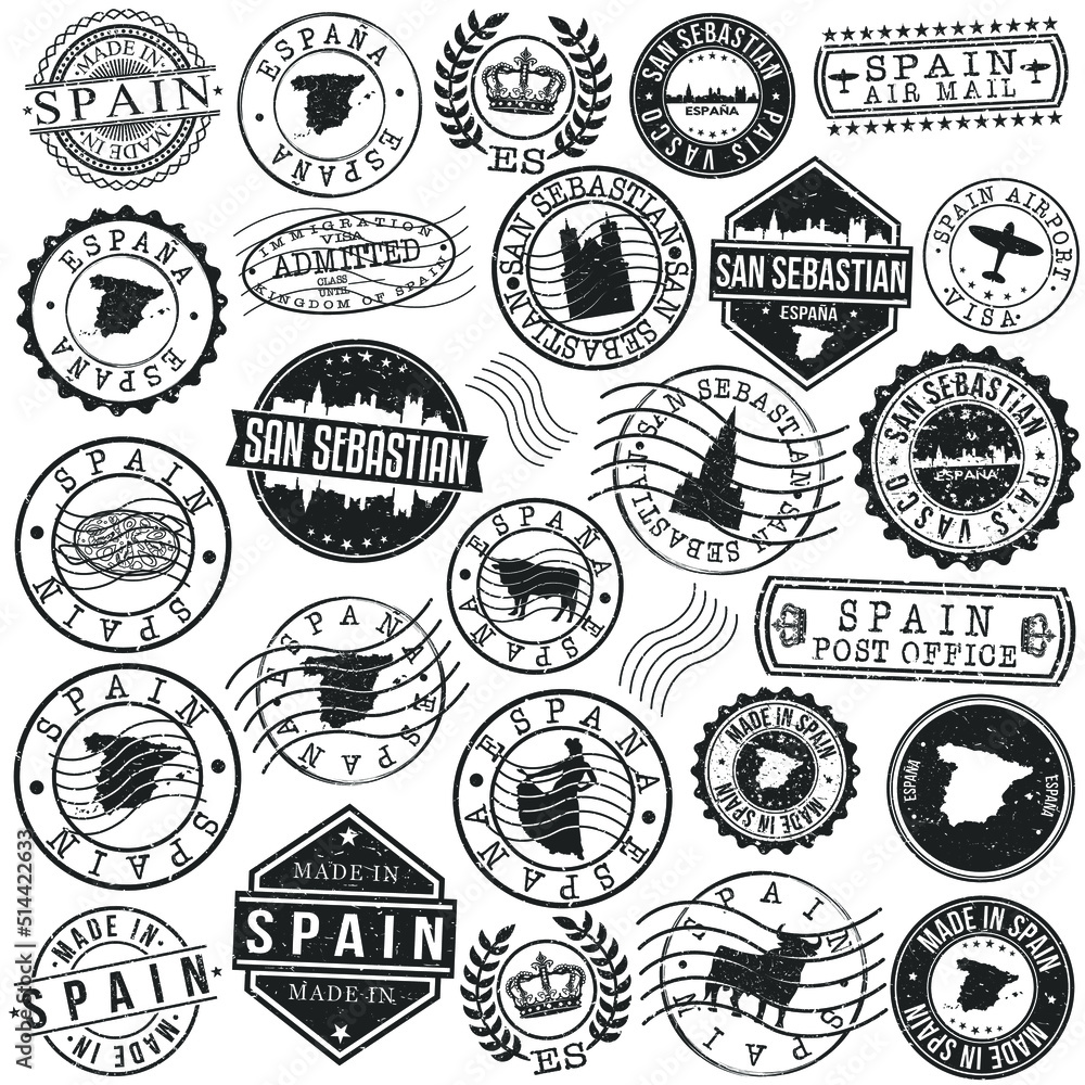 Fototapeta premium San Sebastian Spain Set of Stamp. Vector Art Postal Passport Travel Design. Travel and Business Seals.