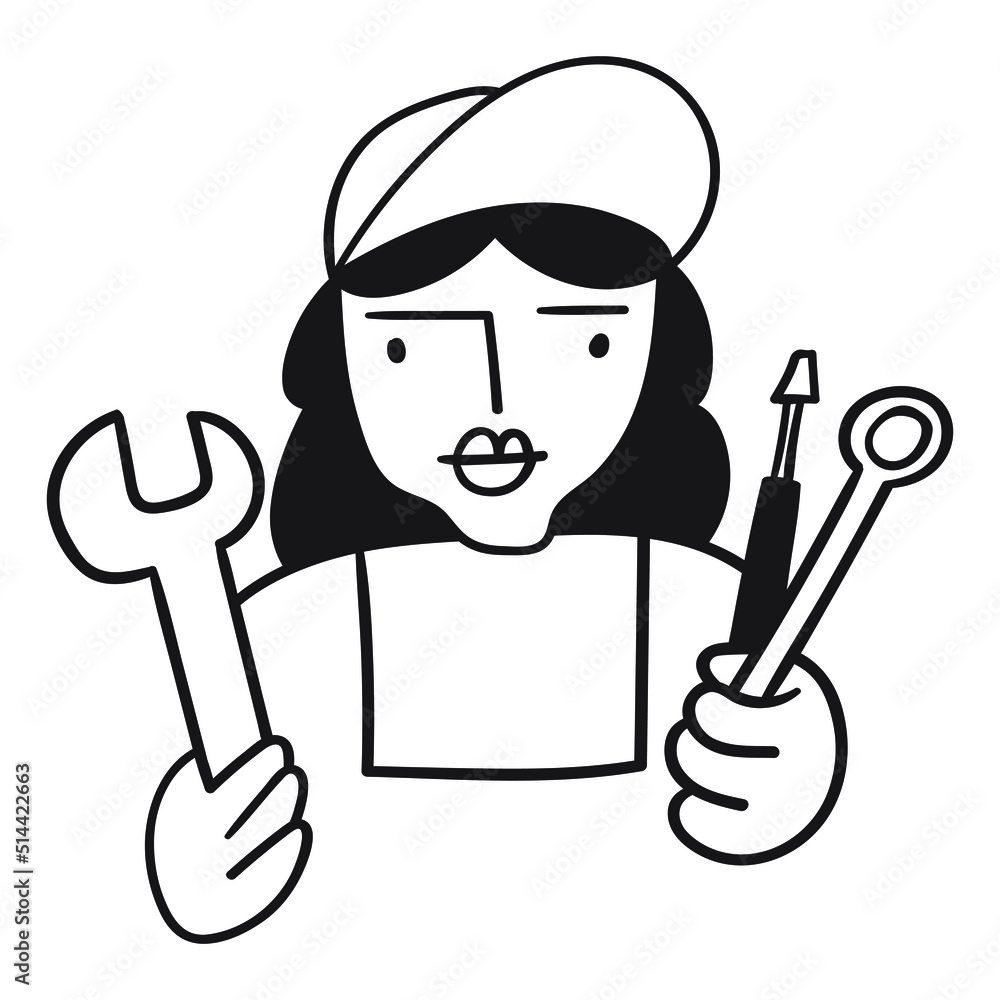 Outline vector icon. Female mechanic. Hand drawn illustration on white background. Outline vector icon. Female mechanic. Hand drawn illustration on white background.