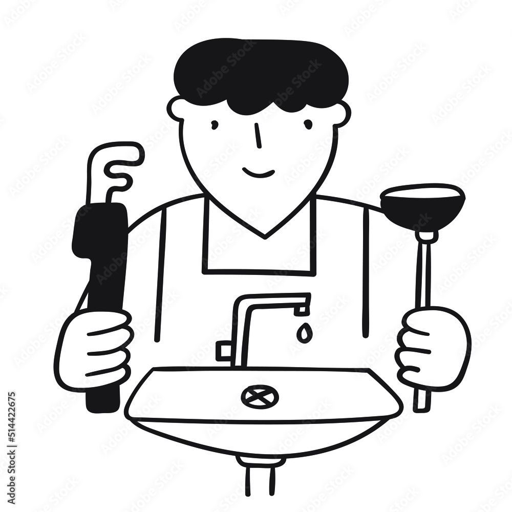 Plumber. Vector outline hand drawn icon on white background. Plumber. Vector outline hand drawn icon on white background.