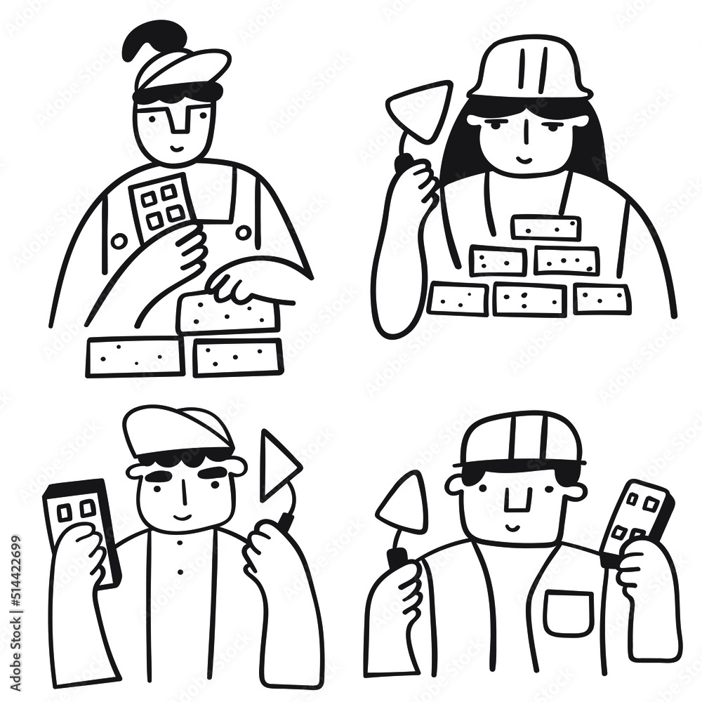 Bricklayer. Set of outline icons. Vector illustrations on white background.