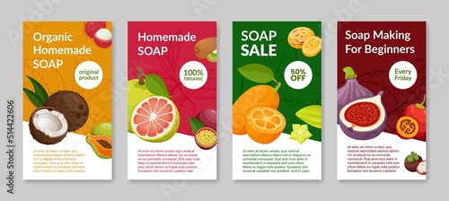 Organic soap beauty cosmetics tropical web sale discount social media stories poster set vector