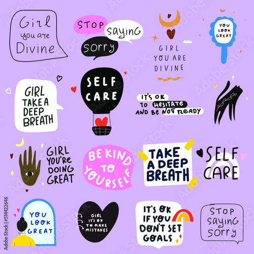 Collection of inspirational and motivational phrases. Vector graphic design on purple background.