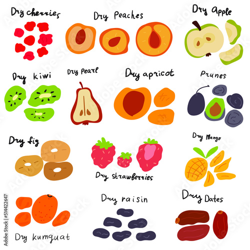 Collection of dried fruits. Flat vector hand drawn illustrations on white background.