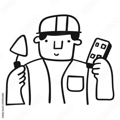 Bricklayer. Outline icon. Vector illustration on white background.