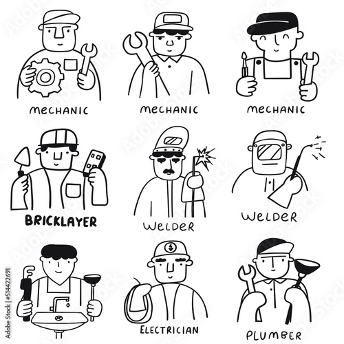 Collection of specialists icons. Occupations: plumber, electrician, welder, bricklayer, mechanic. Outline vector illustrations on white background. 