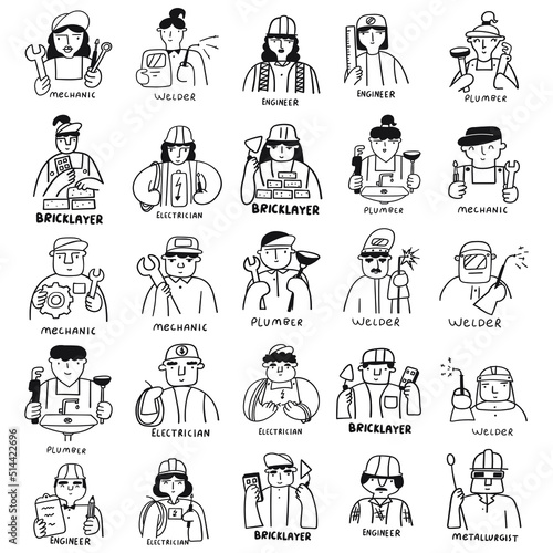 Big collection outline icons of workers. Occupations: plumber, electrician, welder, bricklayer, mechanic, metallurgist. Illustrations on white background. 