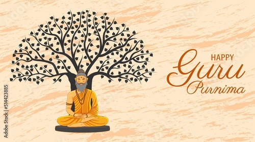 Happy Guru Purnima Traditional Hindu Festival Poster. Old sadhu, sage meditate sitting under tree Horizontal Banner Design Vector Illustration. Social media post, website header, greeting card graphic