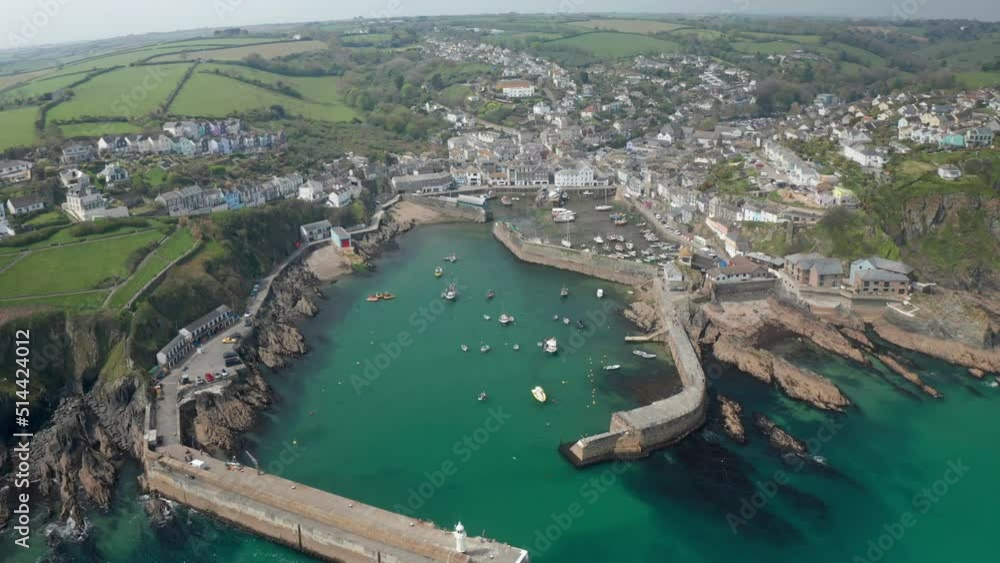 Aerial view of Charletown Harbour, St Austell clay mines in background, Charlestown, Cornwall, United Kingdom. Aerial view of Charletown Harbour, St Austell clay mines in background, Charlestown, Cornwall, United Kingdom.