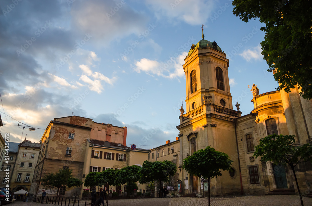 Beautiful sunset in old city center of Lviv, Ukraine Beautiful sunset in old city center of Lviv, Ukraine