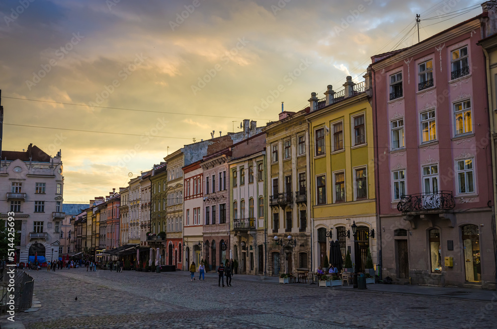 Beautiful sunset in old city center of Lviv, Ukraine
