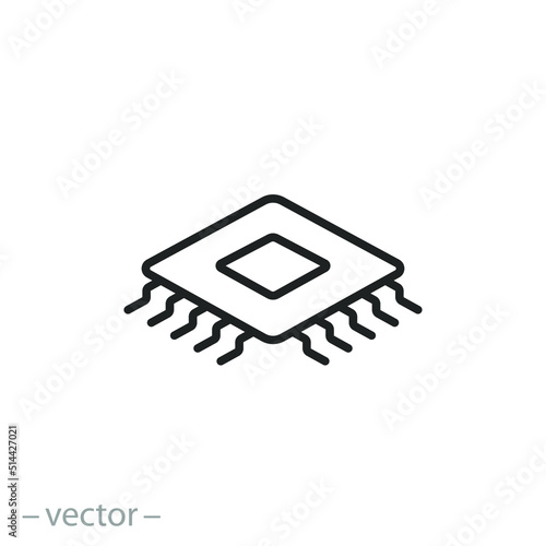 semiconductor chip icon, electronic processor, circuit motherboard,
thin line symbol on white background - editable stroke vector illustration