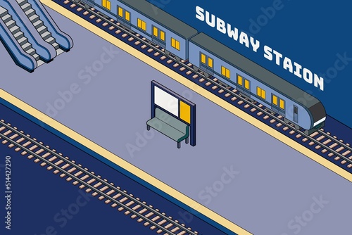 主線のあるアイソメトリックスタイルの地下鉄の駅のホームのイラスト.