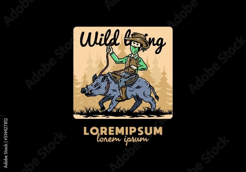 Man riding a wild boar illustration