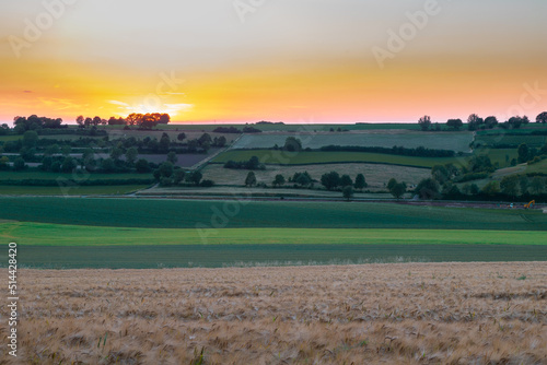 Sunset over the rolling hills in Elkenrade in the of south Limburg in the Netherlands with a spectacular view over the fields  full of wheat and some amazing beams from the sun during golden hour.