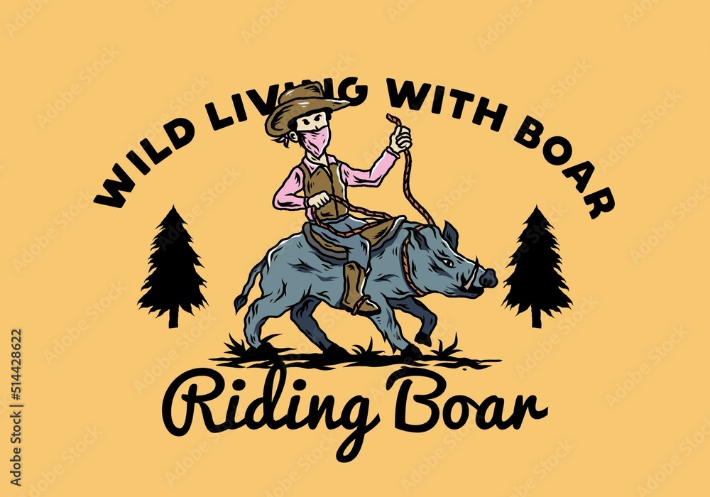 Fototapeta premium Man riding a wild boar illustration