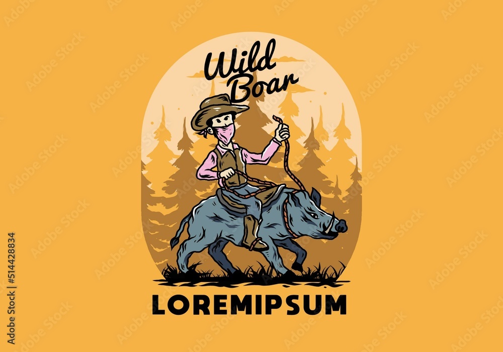 Man riding a wild boar illustration