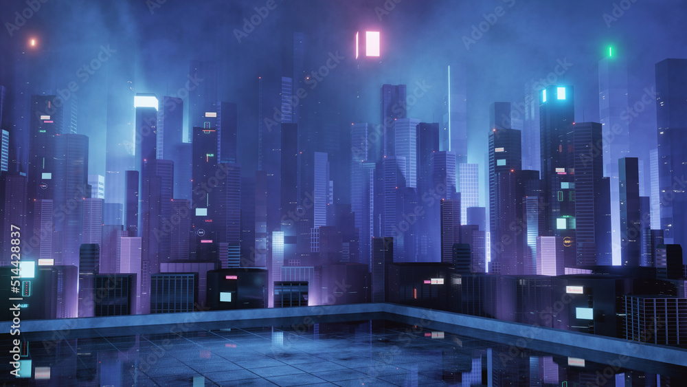 Stockillustratie 3D Rendering of neon glow mega city with light reflection  from puddles on building deck rooftop. Concept for night life, business  district center (CBD) Cyber punk theme, tech product, game background