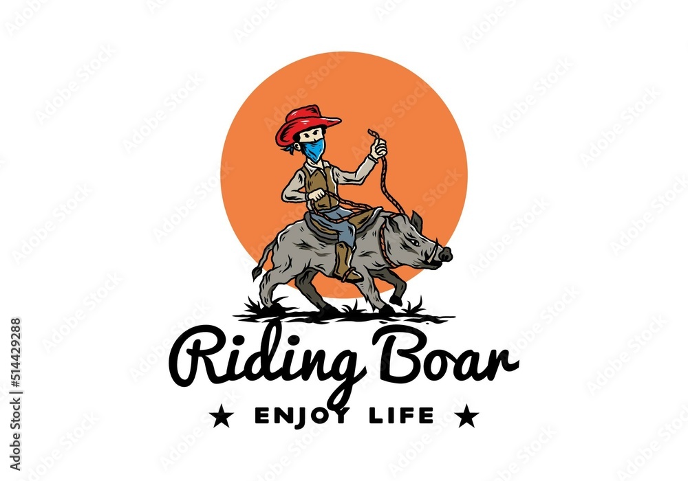 Man riding a wild boar illustration