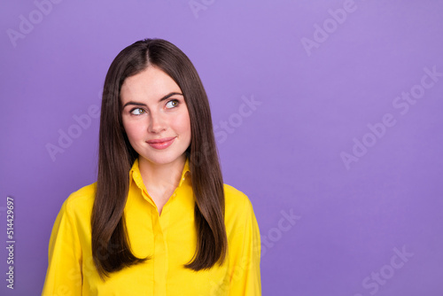 Portrait of attractive cheerful curious girl deciding copy space isolated over bright violet purple color background