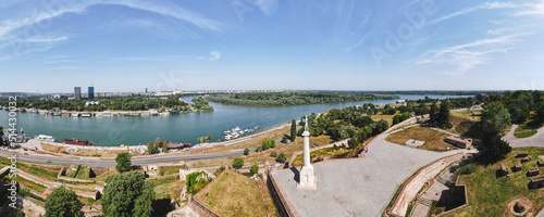 Aerial view of Belgrade Kalemegdan park and  the Victor monument. Serbian capital at sunrise
 photo