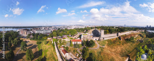 Aerial panorama of Kalemegdan park in summer, Belgrade, Serbia. A view towards Ruzica church and St Petka chapel and the old city of Belgrade , capital of Serbia 
