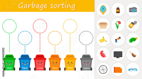 Children's educational ecological game. Garbage sorting. Puzzle, sticker, Velcro. Sheet for printing. Vector illustration