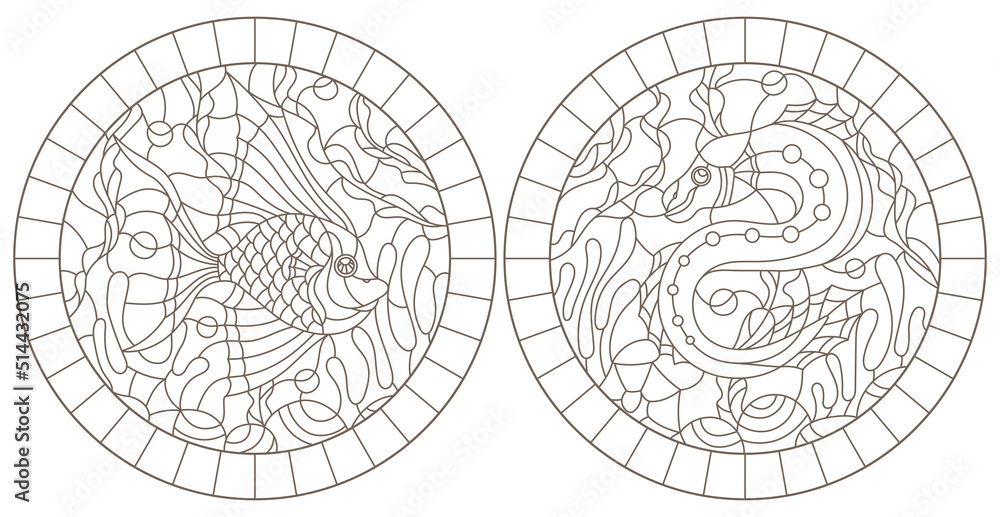 Set of contour illustrations in the style of stained glass with abstract fish, dark outlines on a white background Set of contour illustrations in the style of stained glass with abstract fish, dark outlines on a white background