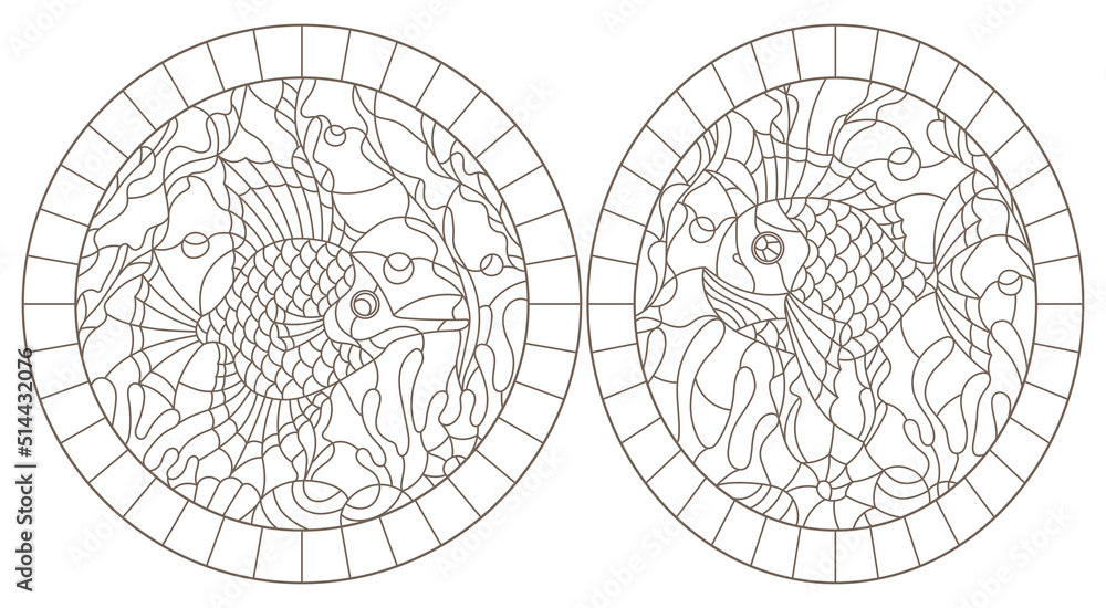 Set of contour illustrations in the style of stained glass with abstract fish, dark outlines on a white background Set of contour illustrations in the style of stained glass with abstract fish, dark outlines on a white background