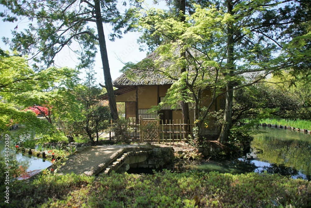 梅宮大社の神苑の東屋 梅宮大社の神苑の東屋