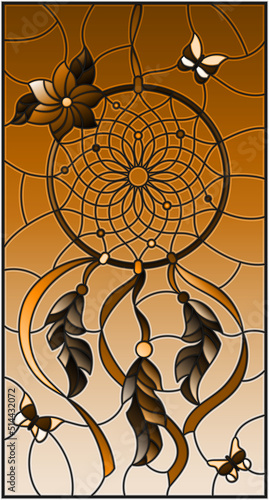 Illustration in stained glass style with dream catcher and butterflies on sky background, tone brown