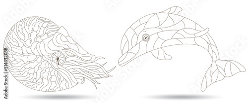 A set of contour illustrations in the style of a stained glass window with cute cartoon dolphins and nautilus, dark contours on a white background