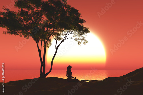 3D sunset landscape with female in yoga pose under a tree